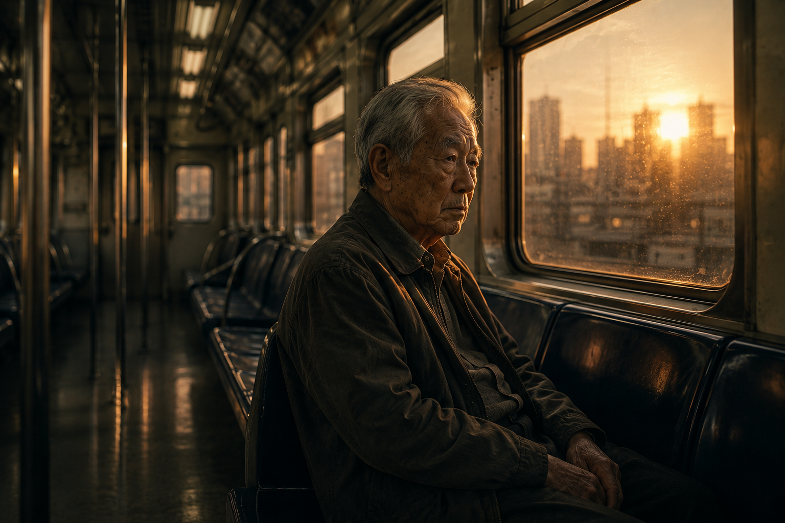 Elderly man sitting alone on a dim train carriage during sunset