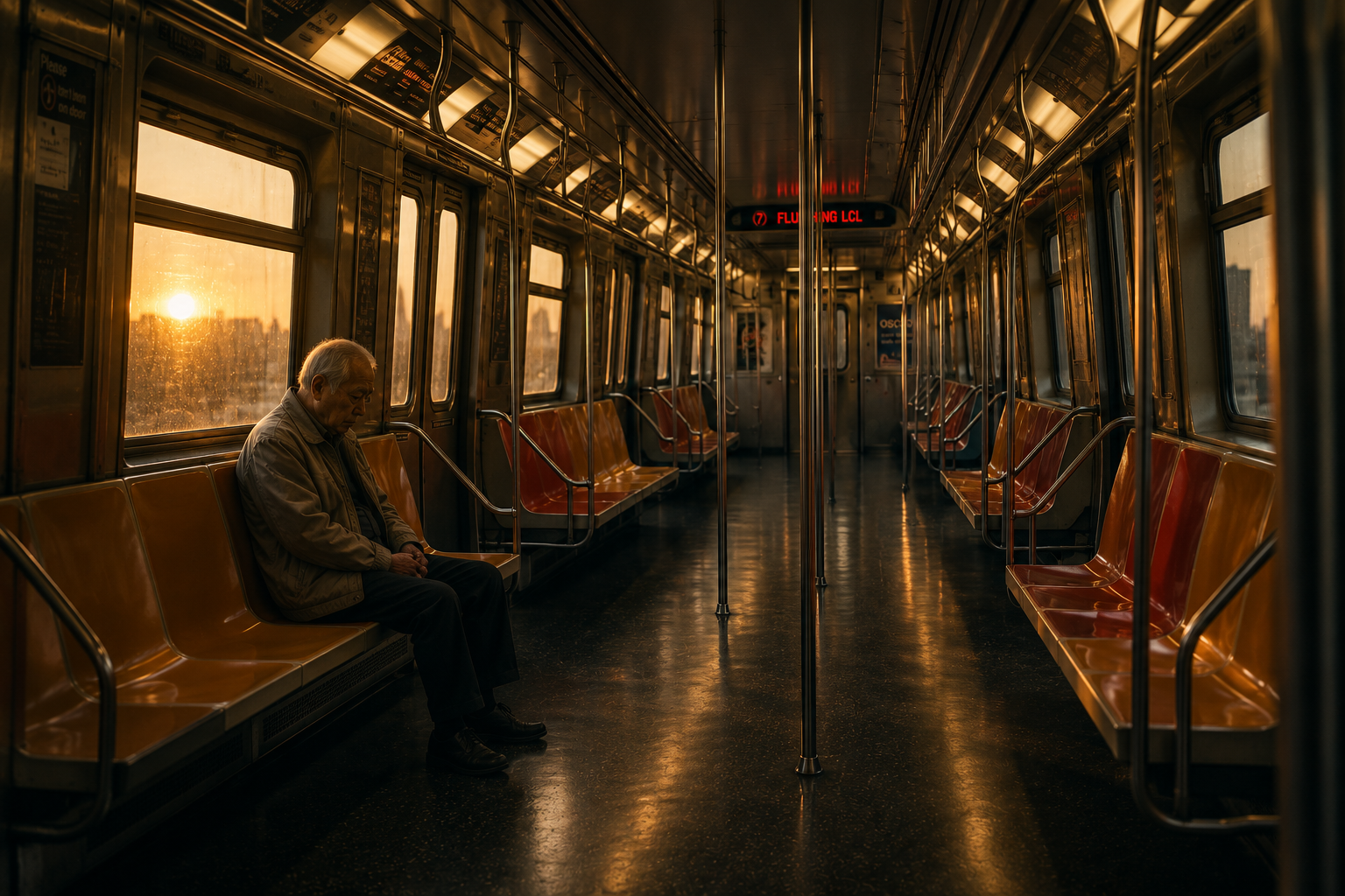 An empty subway car with a lone elderly man sitting by the window during sunset.