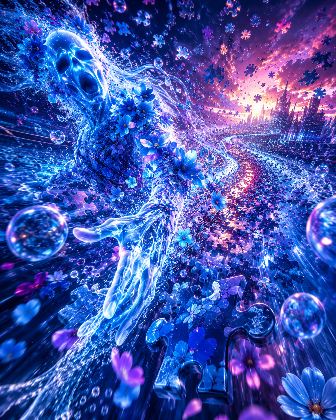 Blue ethereal water creature with flowers reaching toward a neon cityscape.