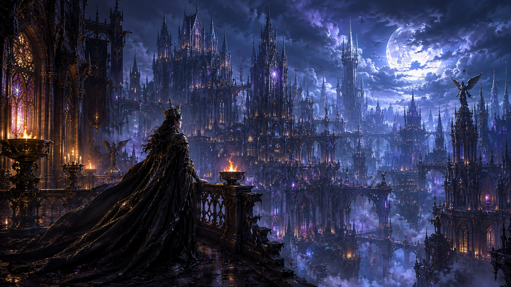 Moonlit gothic cityscape with towering spires and a cloaked figure on a balcony.