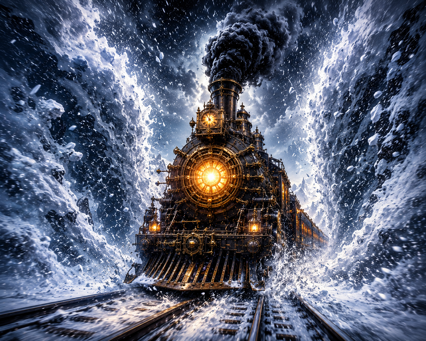 [Ornate glowing steampunk steam locomotive speeds through a snowy mountain ravine during a heavy blizzard, kicking up plum...
