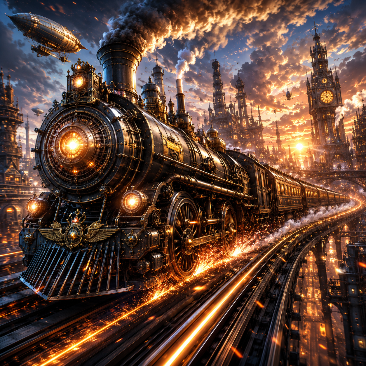 [Ornate steampunk steam train speeds along elevated tracks above a towering gothic fantasy city, with airships drifting ov...
