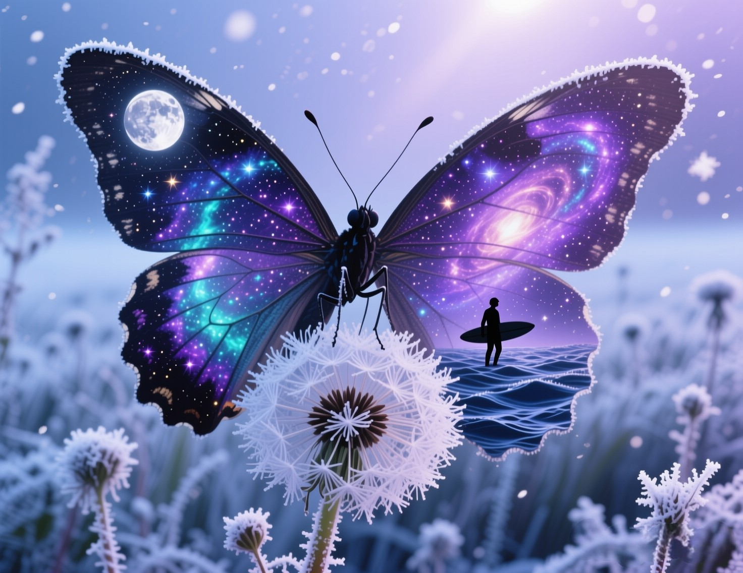 [Surreal cosmic butterfly perched on frost-covered dandelion, its wings hold galaxies, a full moon, and tiny surfer silhou...