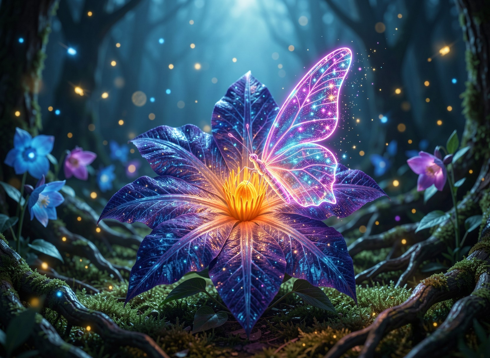 Glowing iridescent neon butterfly perched on a luminous purple magical flower in a misty enchanted forest with floating sp...