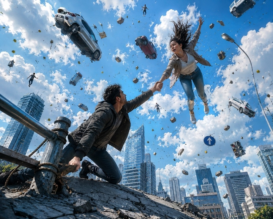 [Man kneeling on cracked overpass reaches to grasp a floating woman's hand as cars and debris levitate into a bright blue ...