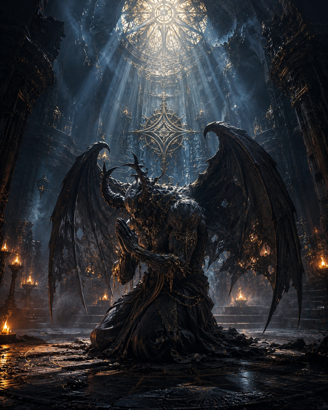 Kneeling horned fallen angel with tattered black wings praying as light beams down from a gothic cathedral stained glass c...