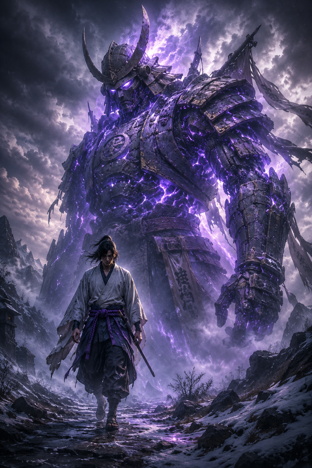 Lone wandering samurai walks a snowy mountain path, as a massive glowing purple spectral samurai giant looms behind him un...