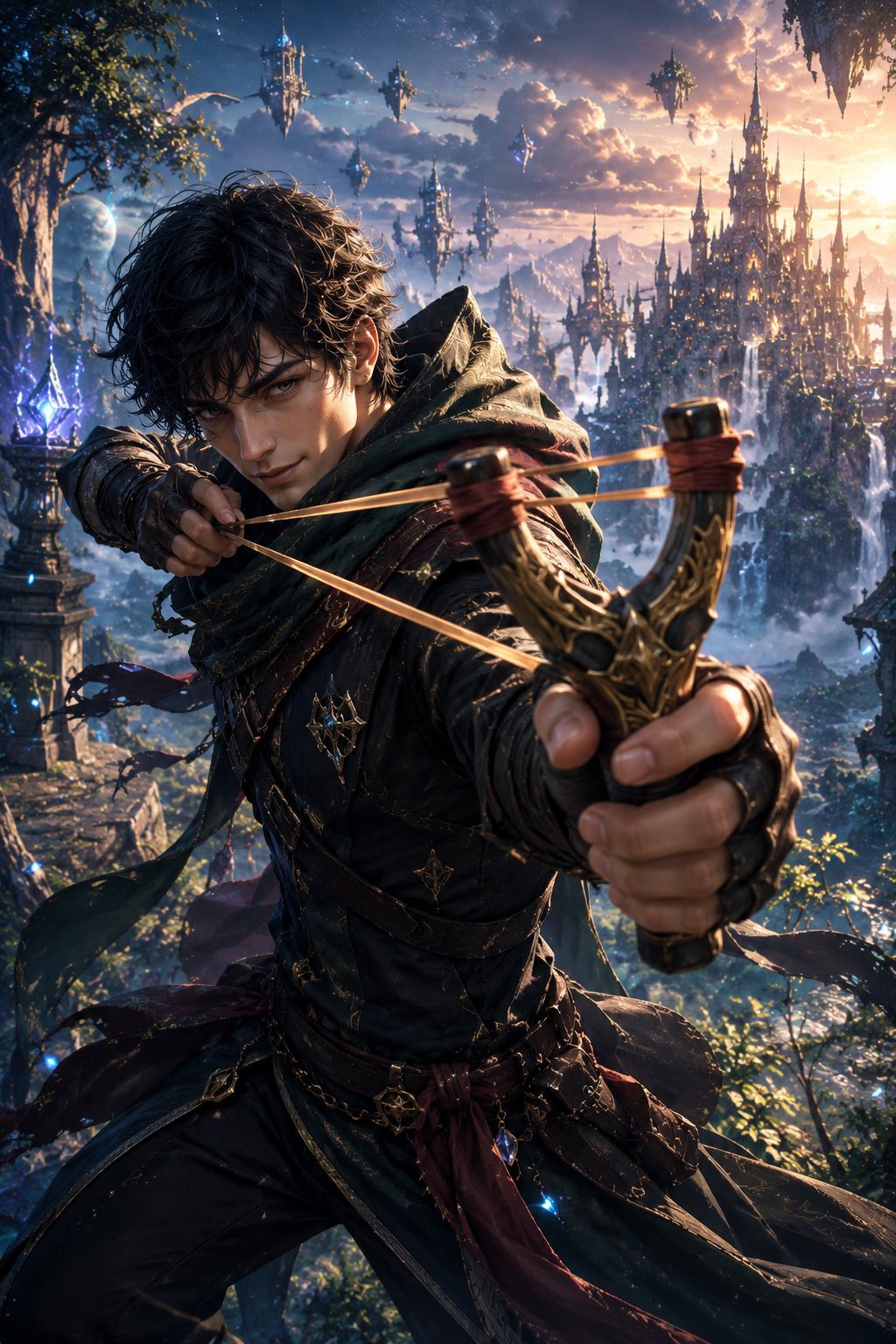 A young fantasy rogue archer aims an ornate gilded crossbow, with floating magical castle spires at sunset behind him.