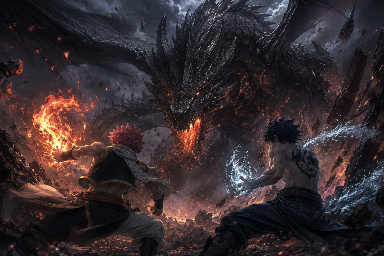 Natsu and Gray from Fairy Tail prepare to battle a massive menacing dark dragon, wielding fire and water attack magic.