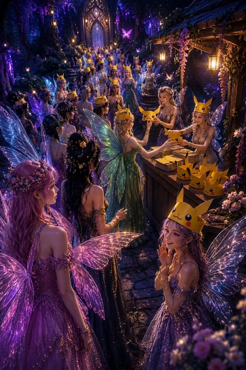 Line of iridescent winged fairies at an enchanted night market receiving Pikachu themed party crowns from a vendor stall.