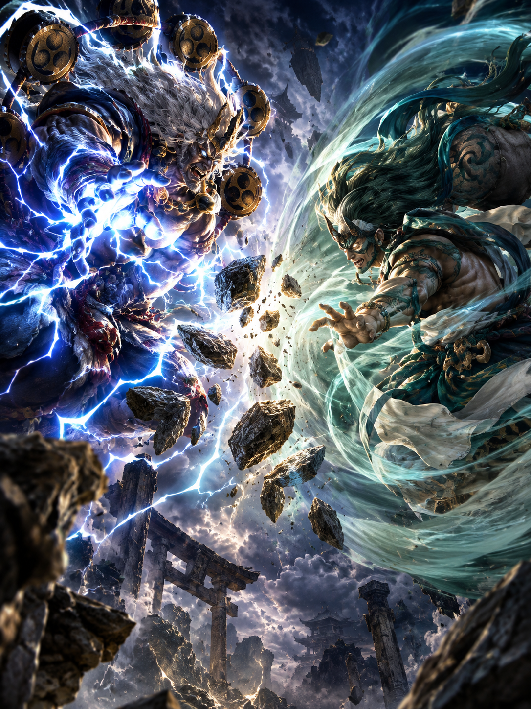 Mythical thunder god and wind god clash with opposing elemental powers above crumbling ancient shrine ruins