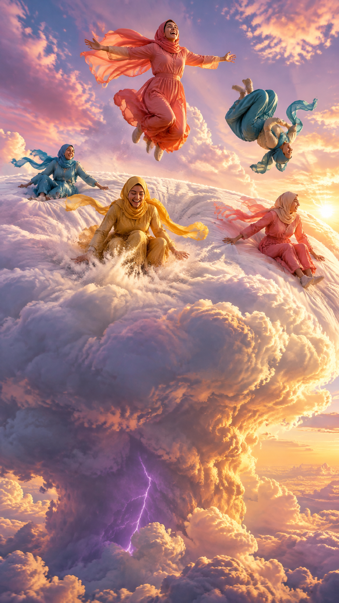 Joyful women in vibrant pastel hijabs play and float — AI art by ...
