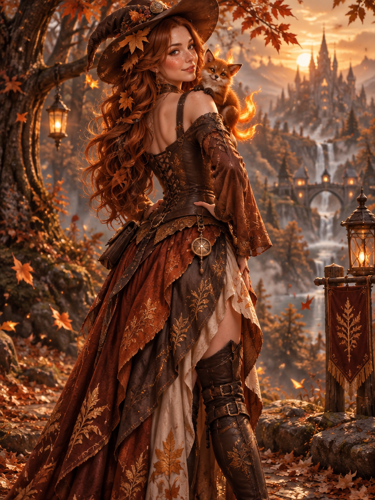 Redheaded autumn witch with a fiery fox familiar stands in an enchanted forest overlooking a fantasy castle at golden sunset