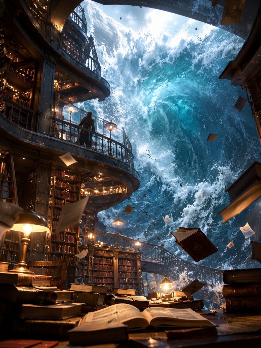 Massive churning ocean wave surges through a multi-level steampunk library as books float mid-air