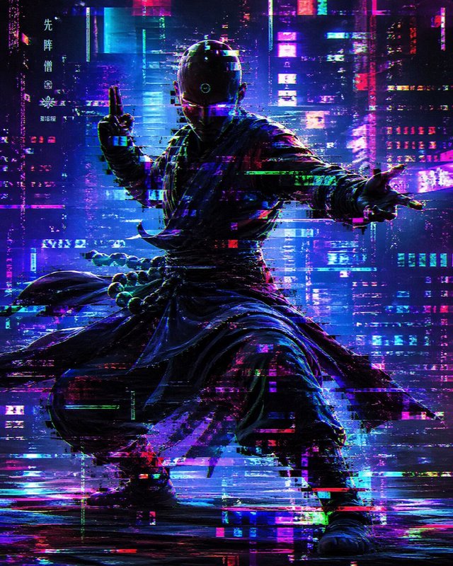 Cyberpunk ninja in a neon, glitching cityscape with a dynamic martial-arts pose