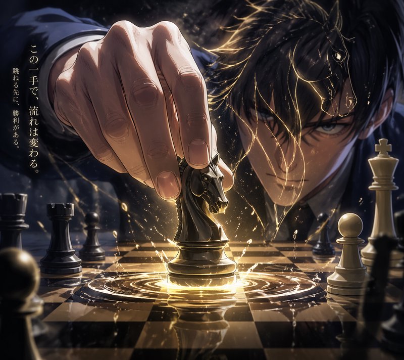 Close-up of a hand moving a glowing knight on a reflective chessboard in a dramatic anime-style scene