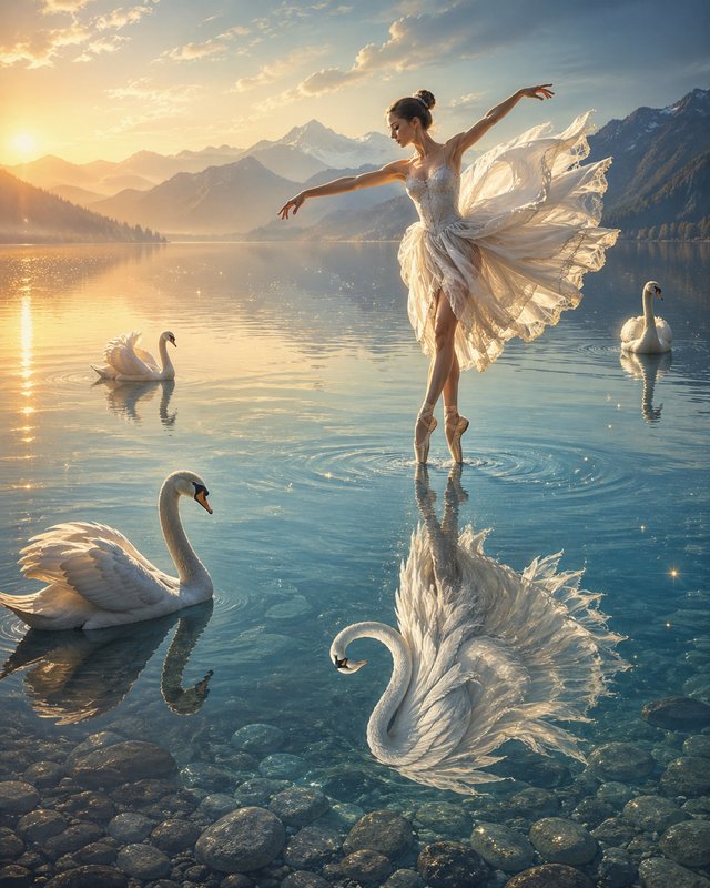 Ballet dancer on a calm lake at sunset with swans and mountains in the background