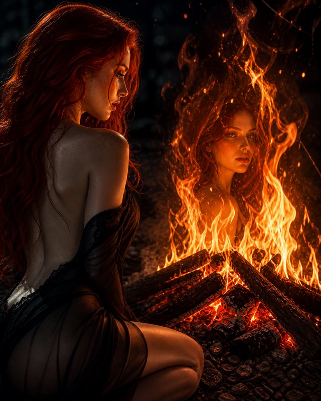 Two women by a roaring bonfire at night, warm firelight on their faces.