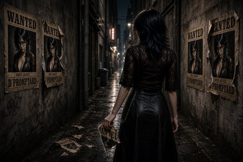 Woman in a dark alley holding a "WANTED" sign, surrounded by postered walls and dim street lights.