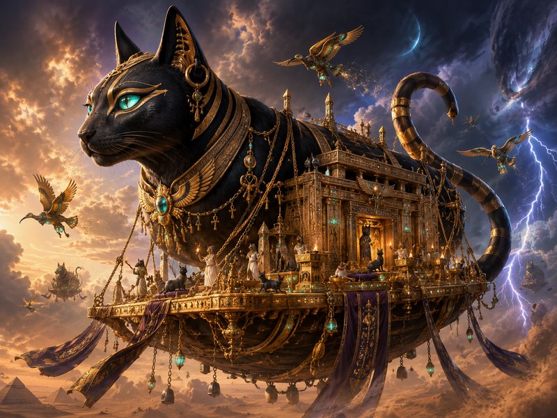 A giant black cat-shaped airship adorned with gold jewelry floats above a dramatic sky.