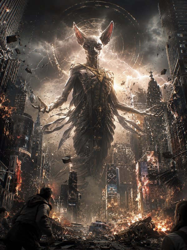 Giant Anubis-like jackal deity rises over a burning city as lightning and debris swirl.