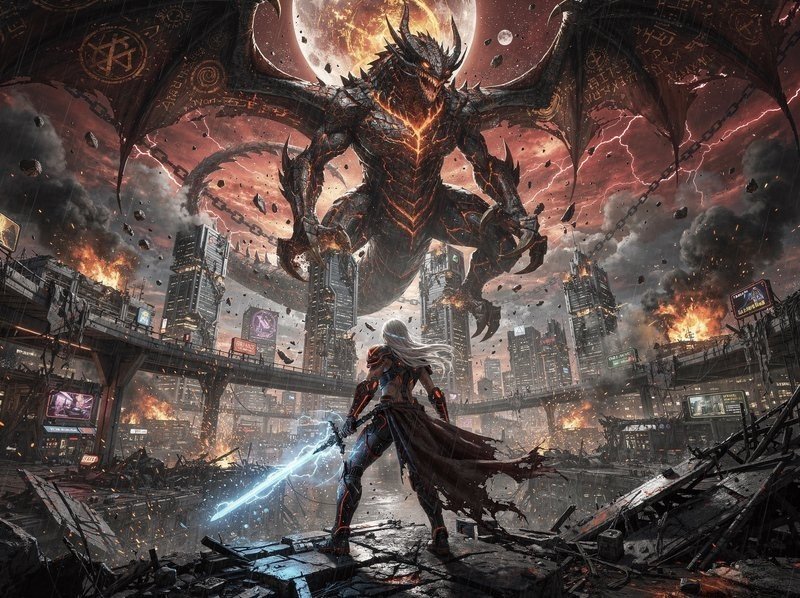 Armored warrior with a glowing blue sword confronts a colossal dragon over a burning futuristic city.