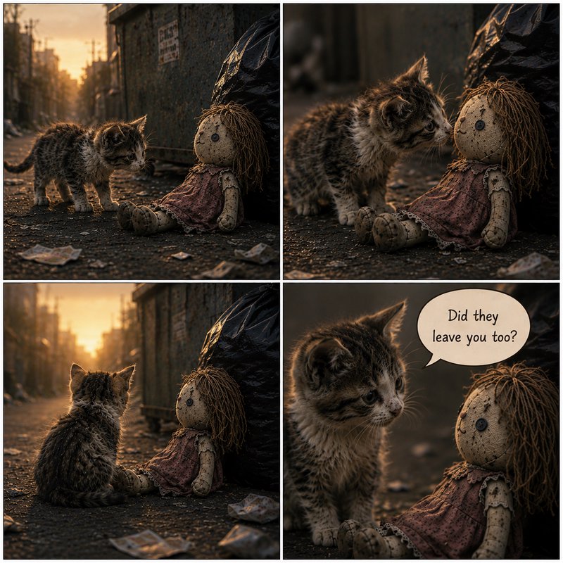 Kitten beside a worn rag doll in a gritty urban alley at sunset.