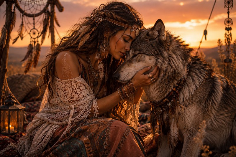 Bohemian woman in lace dress gently touching a wolf at sunset with dreamcatchers