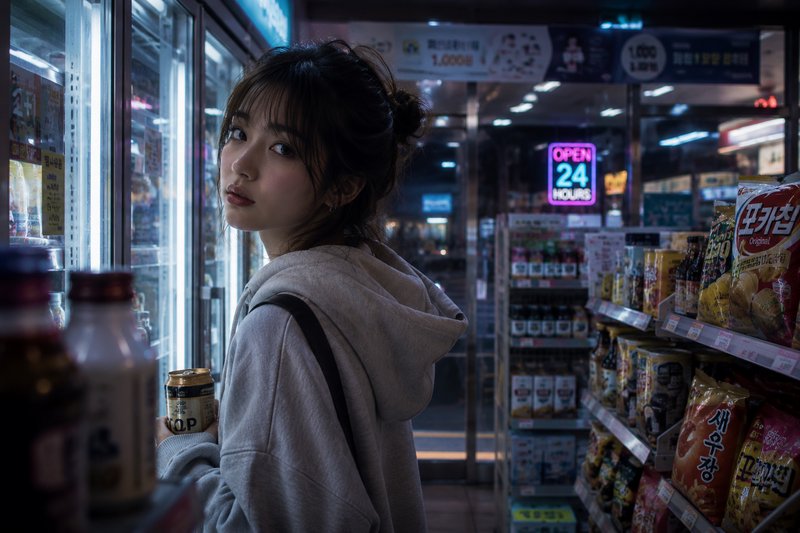 Young woman in a hoodie inside a dimly lit convenience store, looking back over her shoulder.