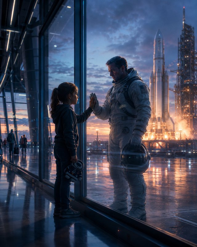 Astronaut in a spacesuit high-fives a girl through a glass wall at a futuristic spaceport at sunset.