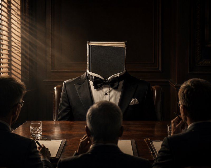 Book-headed man in a tuxedo sits at a conference table during a boardroom meeting.