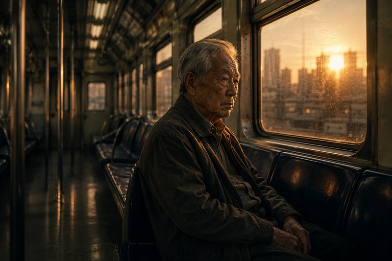 Elderly man sitting alone on a dim train carriage during sunset