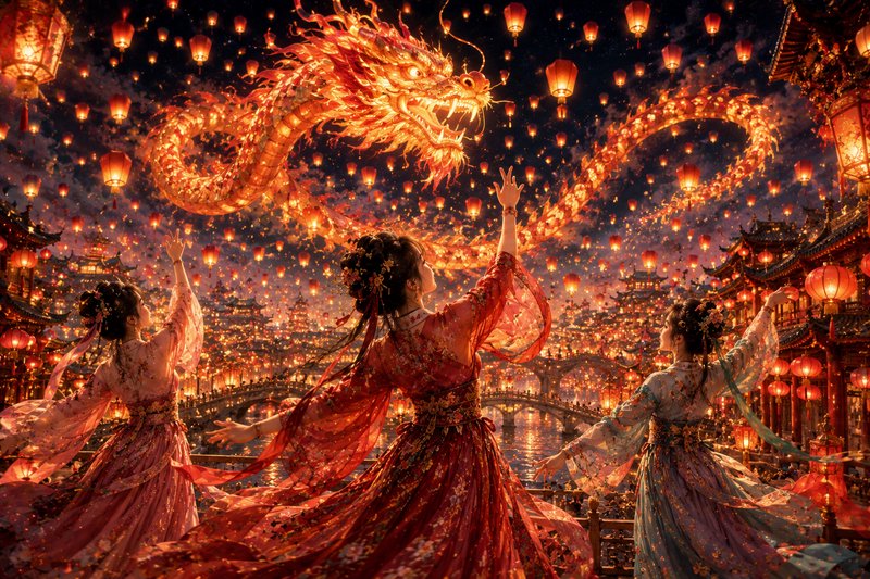 Three women in flowing traditional dresses dance beneath a luminous dragon and sea of lanterns.