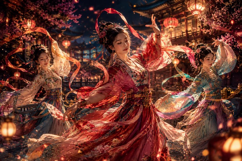 Chinese dancers in flowing hanfu with ribbons at a lantern-lit night festival.