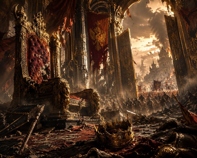 Opulent throne room ruins with a gold throne, toppled crown, red banners, and distant army under fiery skies.