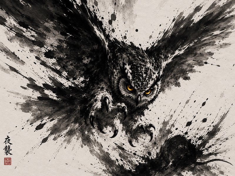 Ink wash painting of a fierce owl with outstretched wings and sharp talons in dynamic sumi-e style.