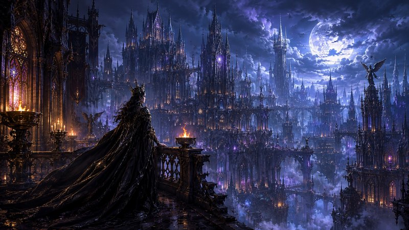 Moonlit gothic cityscape with towering spires and a cloaked figure on a balcony.