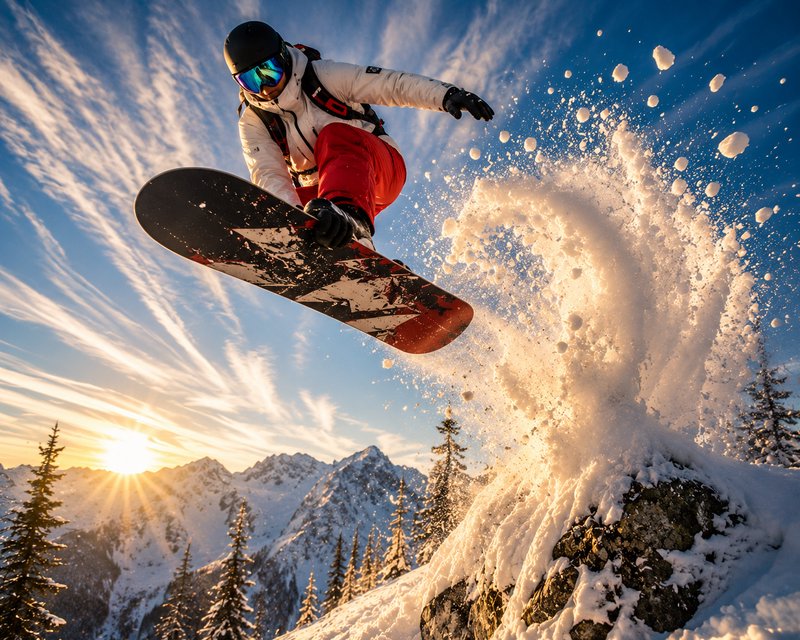 Snowboarder performing a high jump off a snowy ledge in a sunlit alpine landscape.