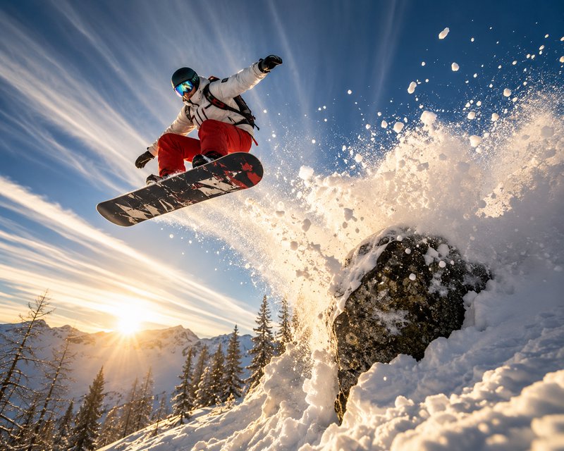 Snowboarder performing a high jump over a snow-covered rock in an alpine mountain setting