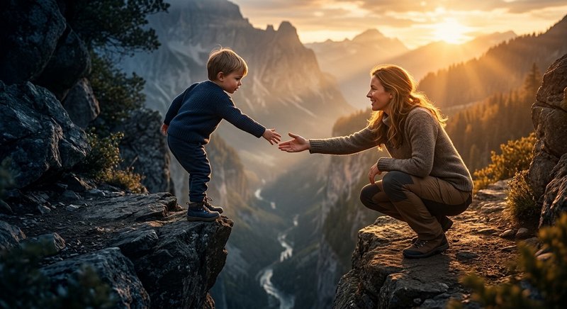 A mother reaches to help her young son cross a cliff gap, with a golden sunset over a misty mountain valley in the