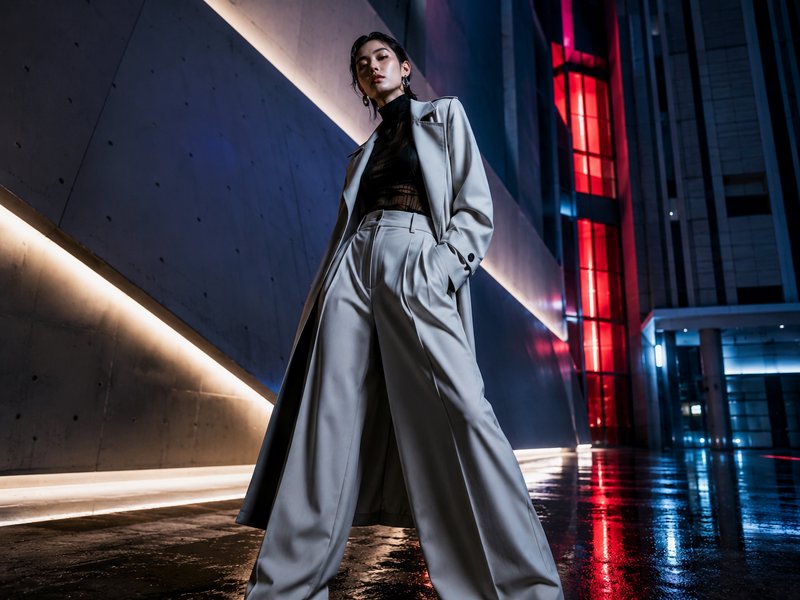 Low angle portrait of stylish woman in oversized grey trench coat standing on wet neon lit urban pavement at night.