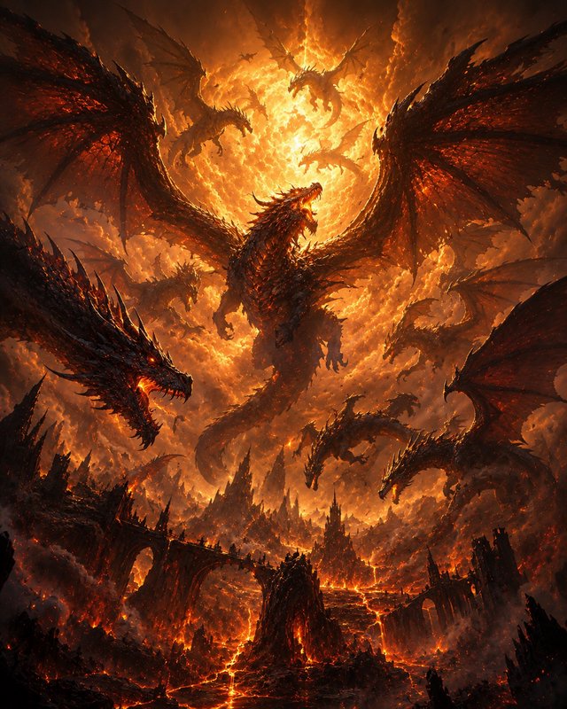 Swarm of fiery spiked dragons soar above a lava-choked hellish fortress landscape under a blazing inferno sky