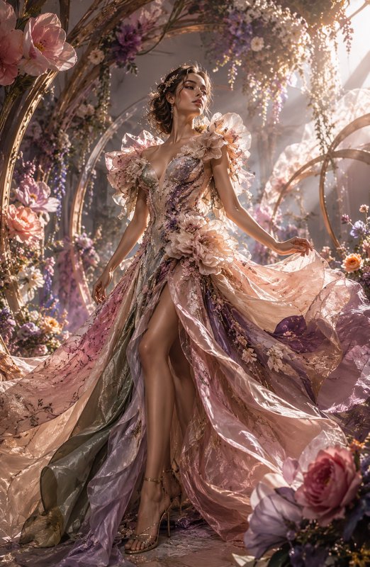 Ethereal model in elaborate pastel floral fantasy ball gown stands beneath a flower-draped golden arch with warm