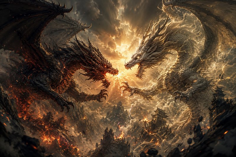 Epic battle between a dark fiery dragon and glowing golden light dragon clashing mid-air above burning fantasy temple