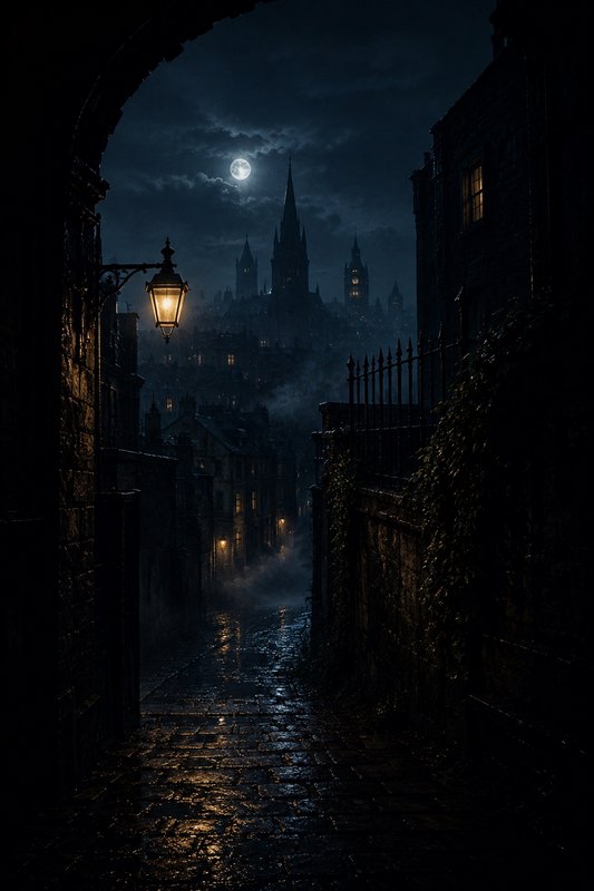 Moody gothic old town street at night, glowing vintage gas lamp, full moon above spired city, wet reflective cobblestone p...