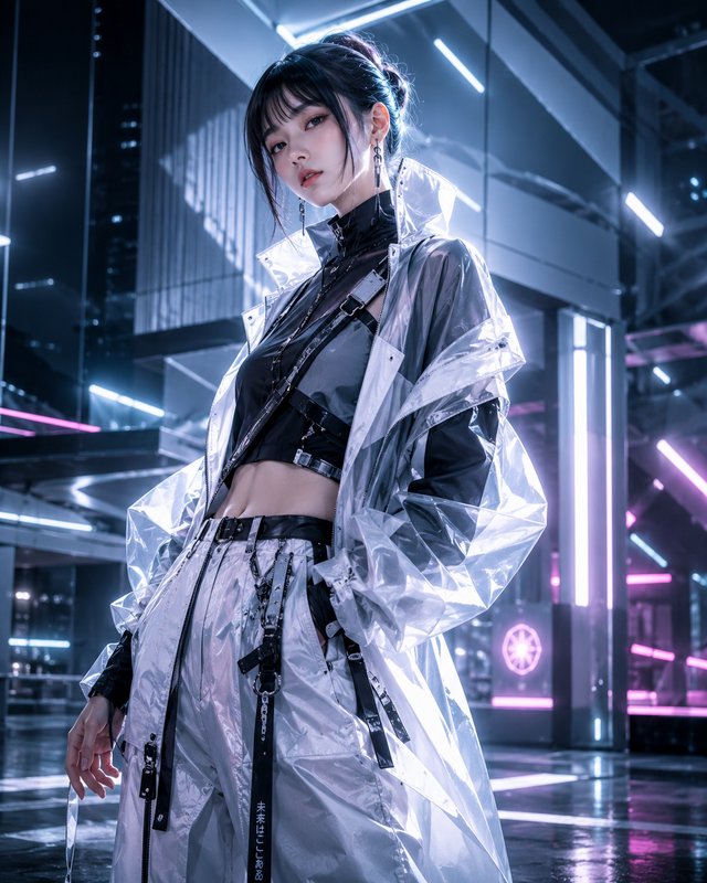 [Young woman in translucent cyberpunk techwear poses in a neon-lit futuristic urban night interior]