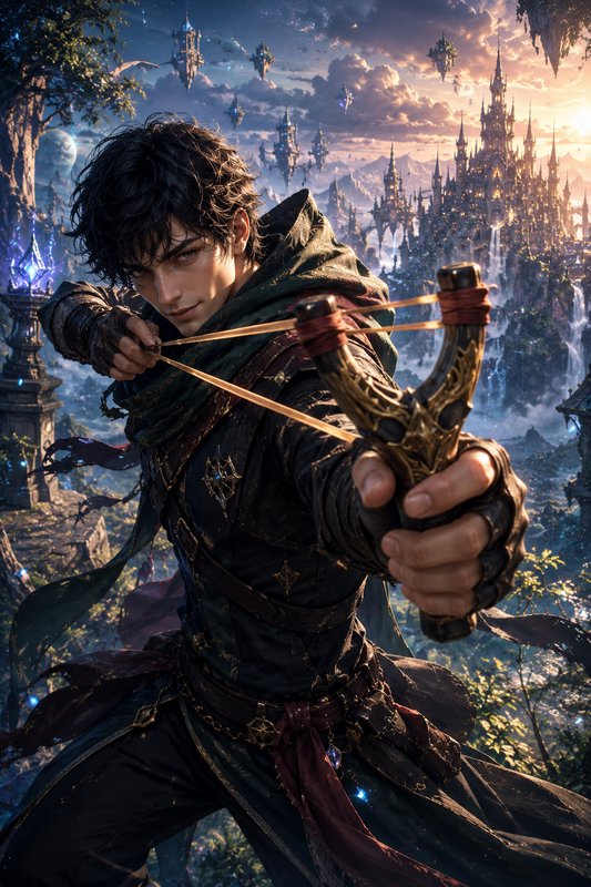 A young fantasy rogue archer aims an ornate gilded crossbow, with floating magical castle spires ...