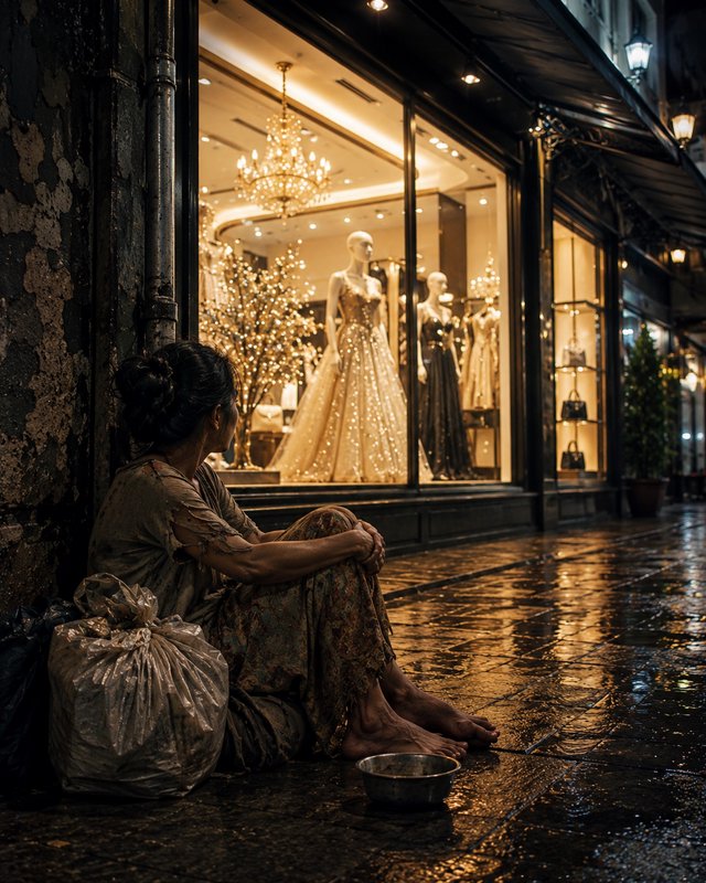 [Barefoot unhoused woman sits on wet city sidewalk staring at luxury boutique gown display at night]