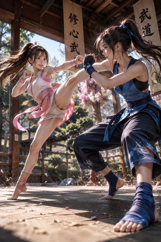 Two female martial artists spar dynamically, one executing a high kick, in a sunlit open-air trad...