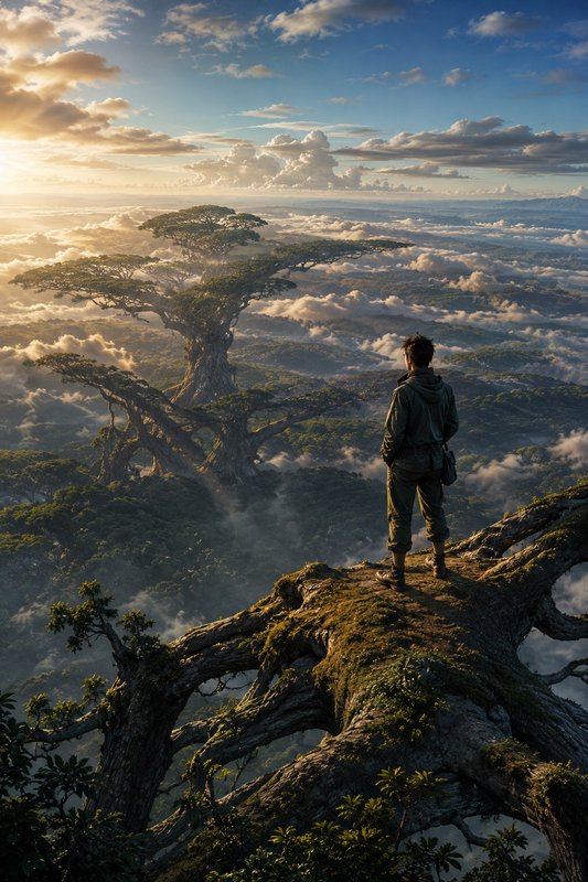 Lone hiker stands on a giant mossy tree branch, overlooking colossal ancient trees above a sea of...